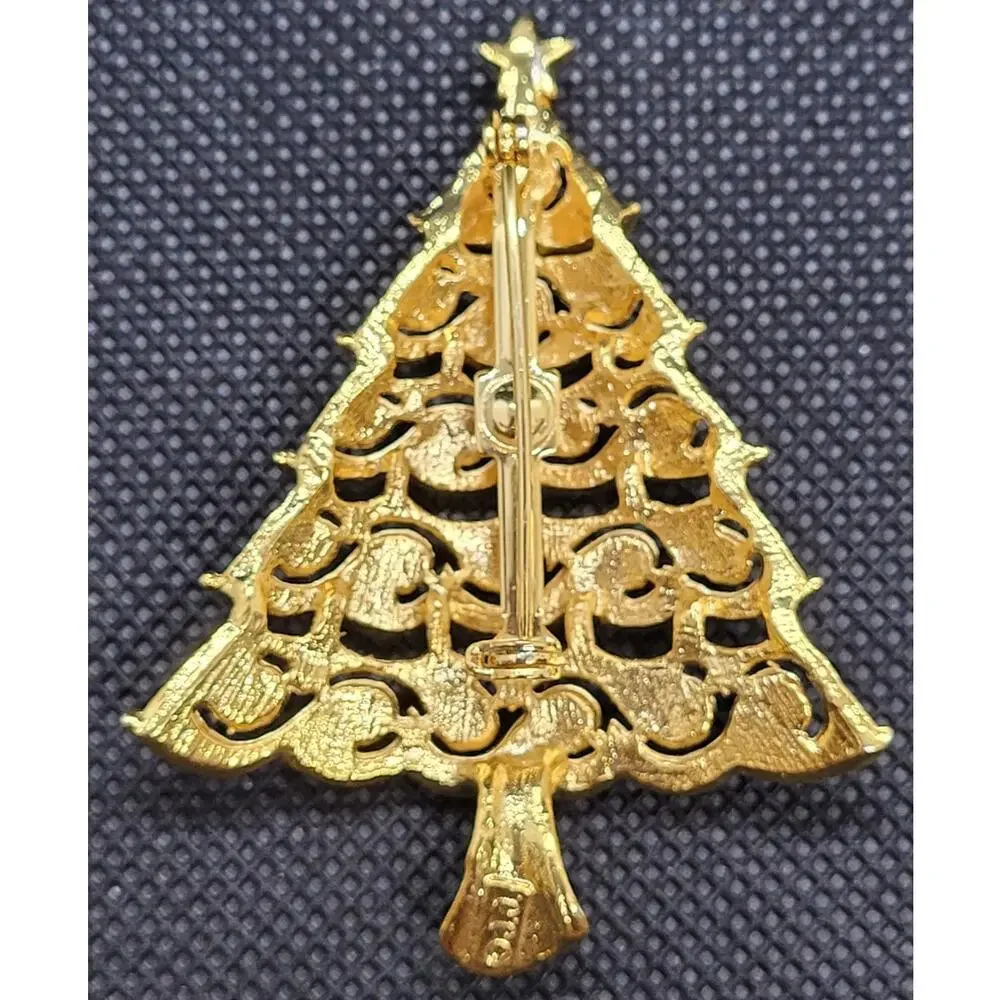 Luxe Vintage Holiday Sparkle Rhinestone Tiered Tree Brooch Gold Tone‎ Elegant